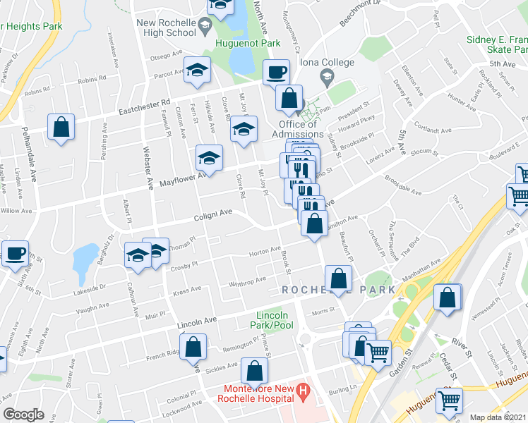 map of restaurants, bars, coffee shops, grocery stores, and more near 21 Mount Joy Place in New Rochelle