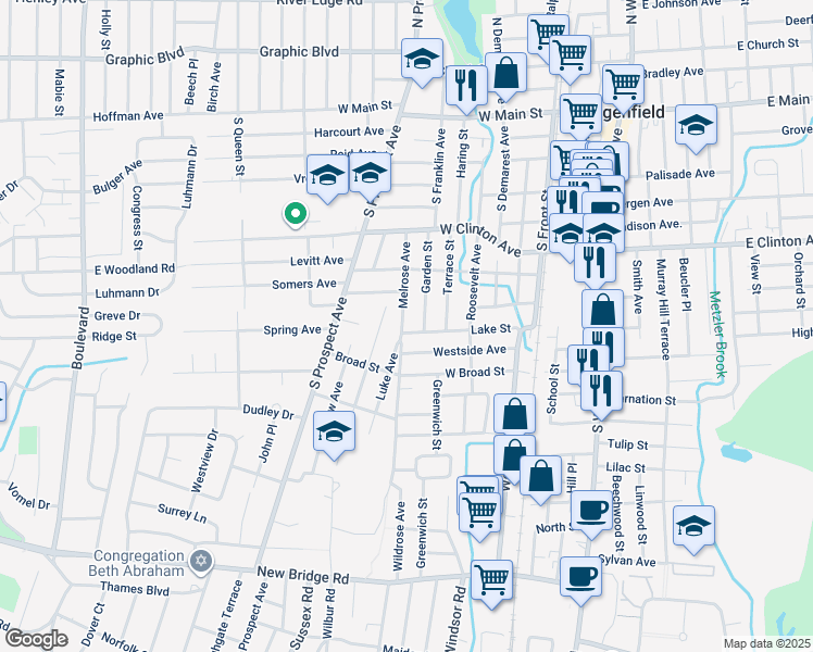 map of restaurants, bars, coffee shops, grocery stores, and more near 101 Lake Street in Bergenfield