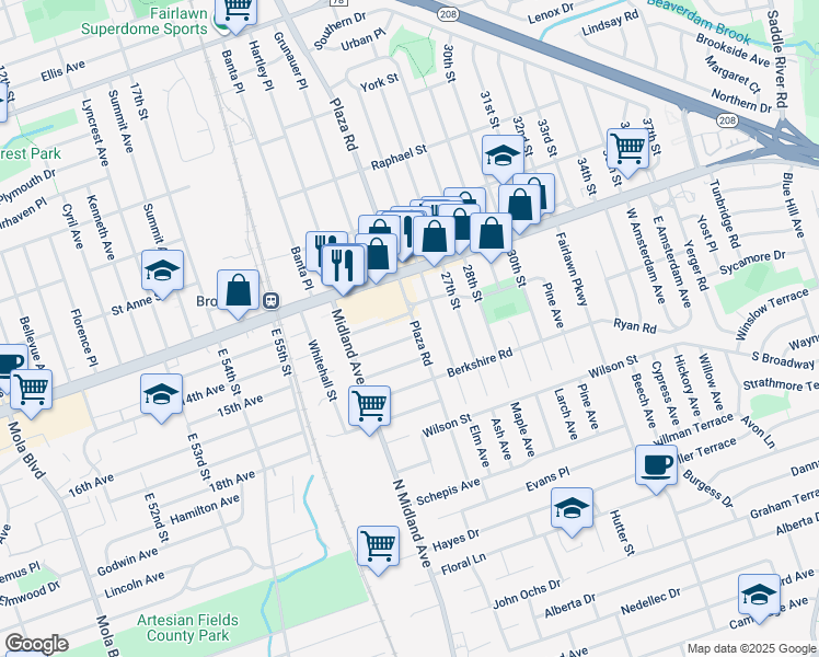 map of restaurants, bars, coffee shops, grocery stores, and more near 24-04 Ellington Road in Fair Lawn