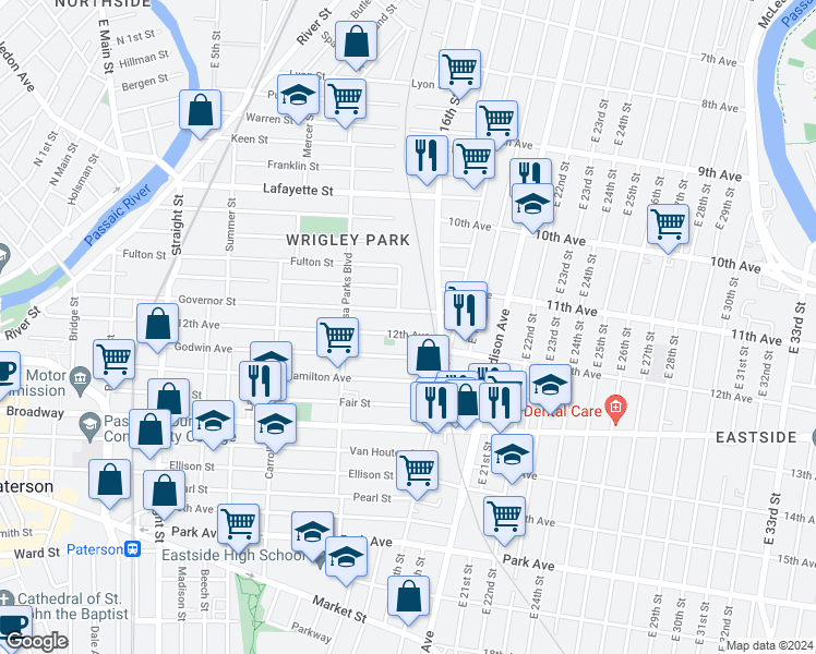 map of restaurants, bars, coffee shops, grocery stores, and more near 191 12th Avenue in Paterson