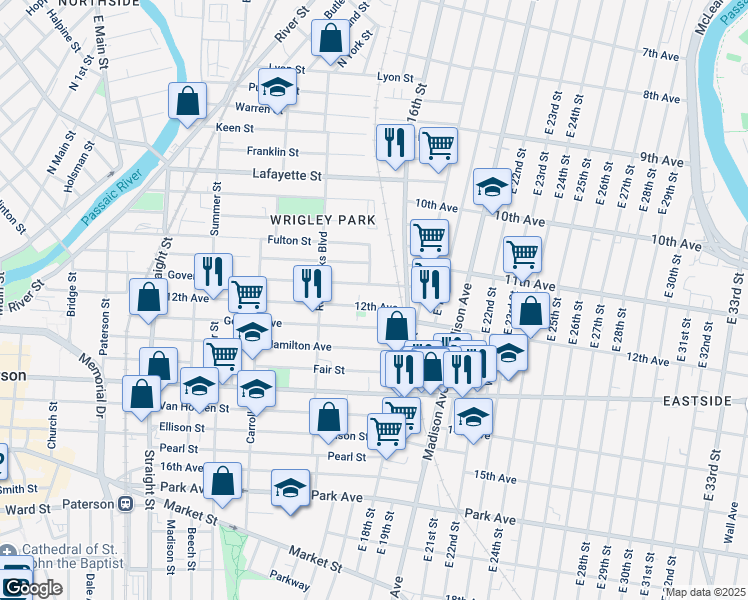 map of restaurants, bars, coffee shops, grocery stores, and more near 191 12th Avenue in Paterson