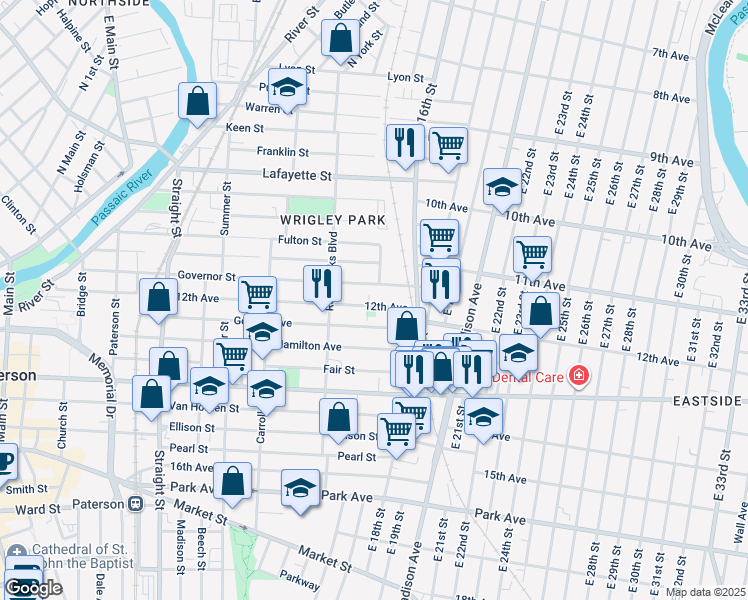 map of restaurants, bars, coffee shops, grocery stores, and more near 191 12th Avenue in Paterson