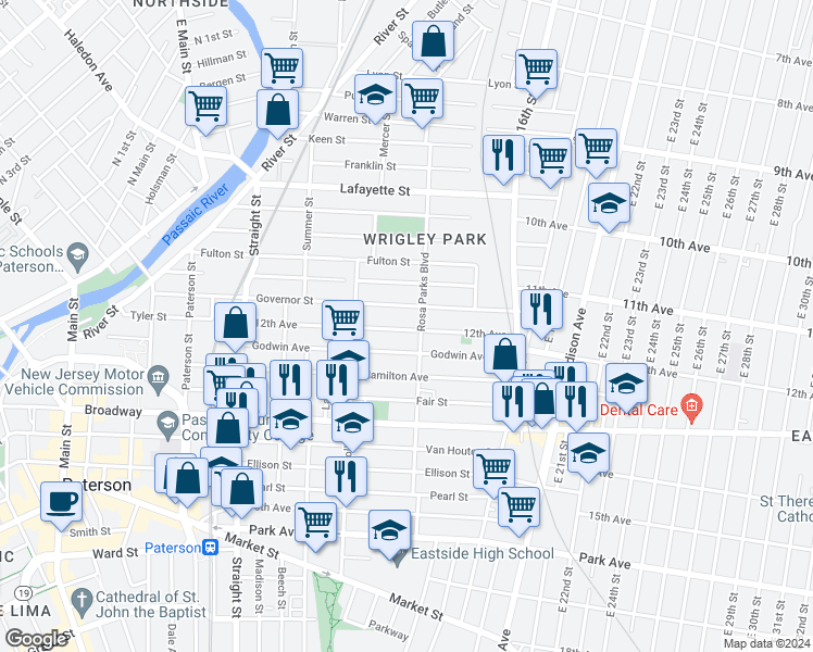 map of restaurants, bars, coffee shops, grocery stores, and more near 129 12th Avenue in Paterson