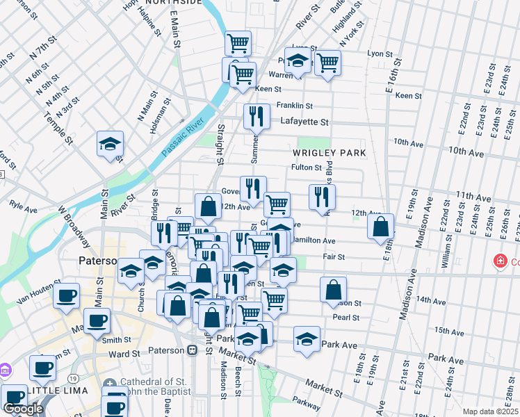 map of restaurants, bars, coffee shops, grocery stores, and more near 56 12th Avenue in Paterson