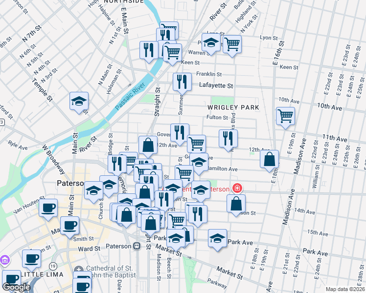 map of restaurants, bars, coffee shops, grocery stores, and more near 56 12th Avenue in Paterson