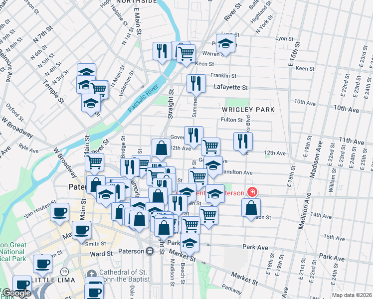 map of restaurants, bars, coffee shops, grocery stores, and more near 24 12th Avenue in Paterson