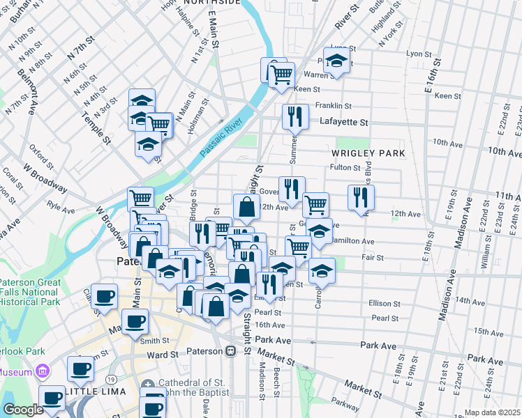 map of restaurants, bars, coffee shops, grocery stores, and more near 107 Straight Street in Paterson