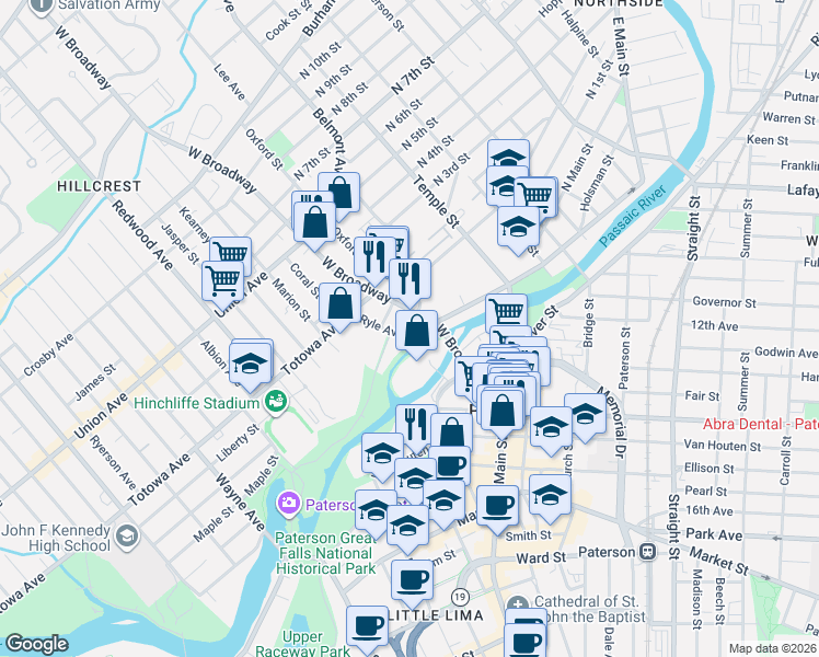 map of restaurants, bars, coffee shops, grocery stores, and more near 61 Ryle Avenue in Paterson