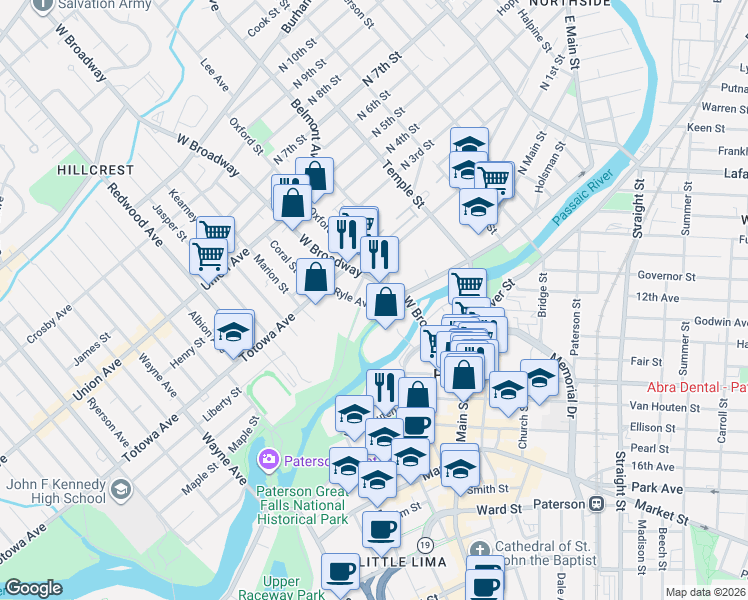 map of restaurants, bars, coffee shops, grocery stores, and more near 61 Ryle Avenue in Paterson