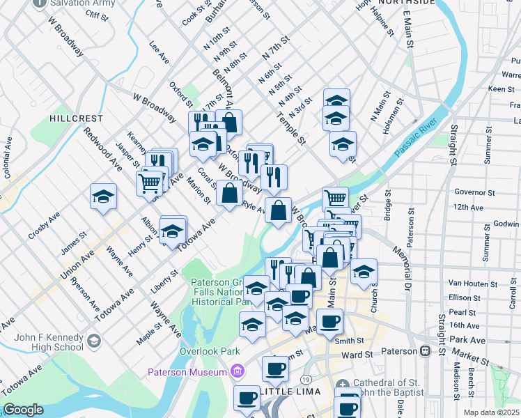 map of restaurants, bars, coffee shops, grocery stores, and more near 30 Ryle Avenue in Paterson