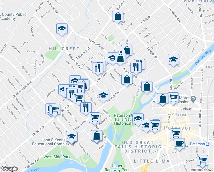 map of restaurants, bars, coffee shops, grocery stores, and more near 74 Jasper Street in Paterson