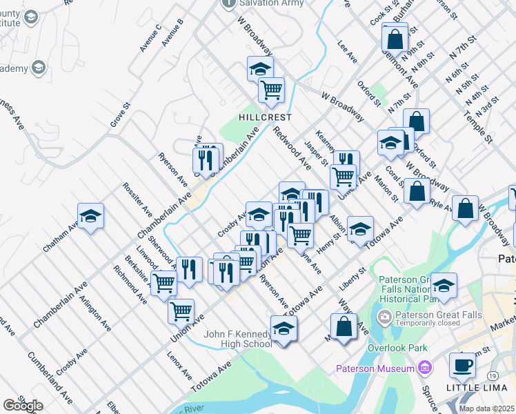 map of restaurants, bars, coffee shops, grocery stores, and more near 152 Manchester Avenue in Paterson
