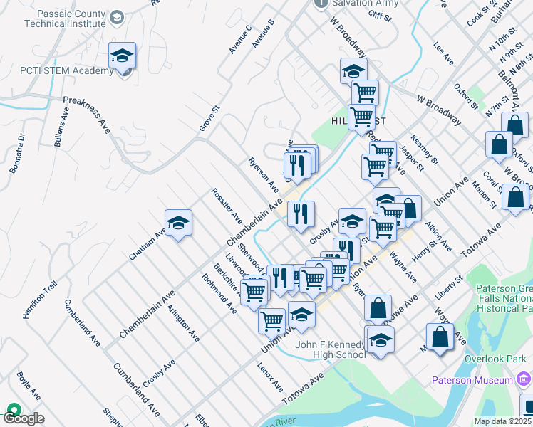 map of restaurants, bars, coffee shops, grocery stores, and more near 265 Chamberlain Avenue in Paterson