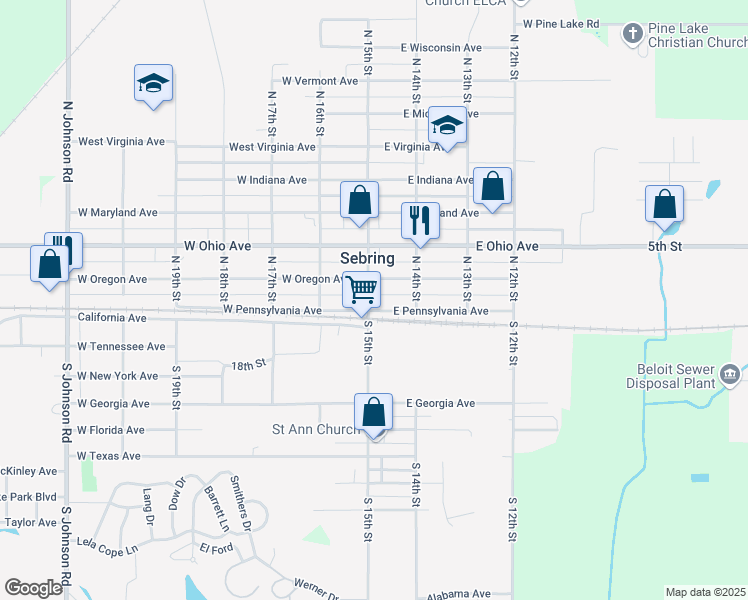 map of restaurants, bars, coffee shops, grocery stores, and more near 155 East Pennsylvania Avenue in Sebring