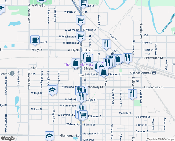 map of restaurants, bars, coffee shops, grocery stores, and more near 49 East Main Street in Alliance