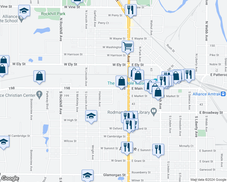 map of restaurants, bars, coffee shops, grocery stores, and more near 16 Geiger Avenue in Alliance