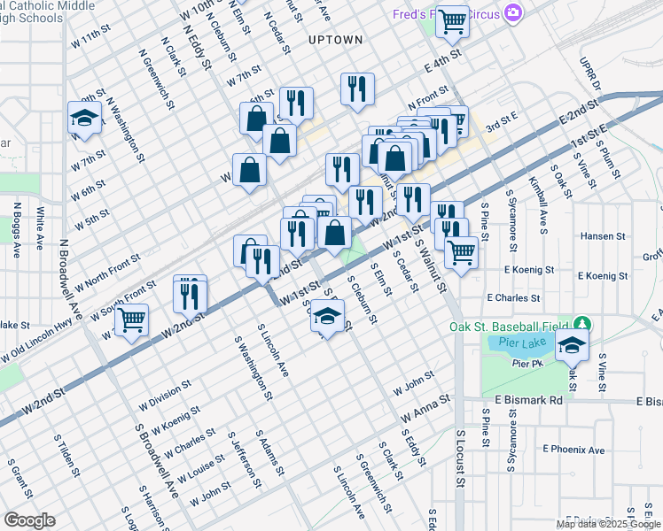 map of restaurants, bars, coffee shops, grocery stores, and more near 110 North Cleburn Street in Grand Island