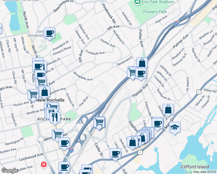map of restaurants, bars, coffee shops, grocery stores, and more near 15 The Court in New Rochelle