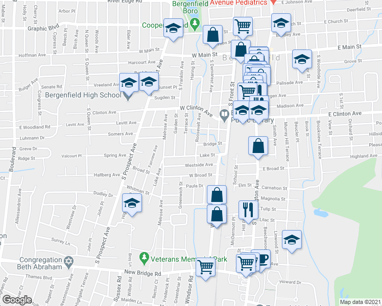 map of restaurants, bars, coffee shops, grocery stores, and more near 67 Lake Street in Bergenfield