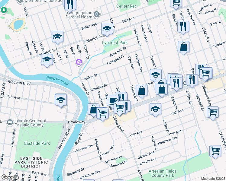 map of restaurants, bars, coffee shops, grocery stores, and more near 57 Rosedale Avenue in Elmwood Park