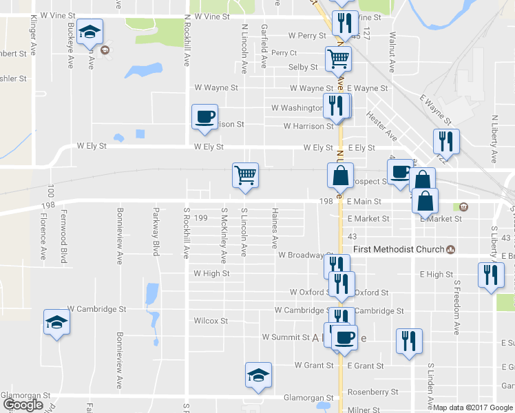 map of restaurants, bars, coffee shops, grocery stores, and more near 250 W Main St in Alliance