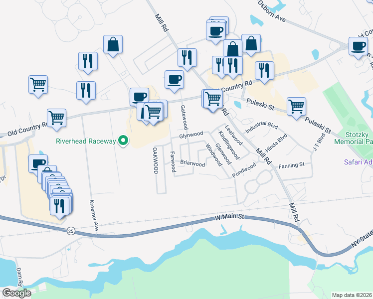map of restaurants, bars, coffee shops, grocery stores, and more near 41 Gatewood in Riverhead