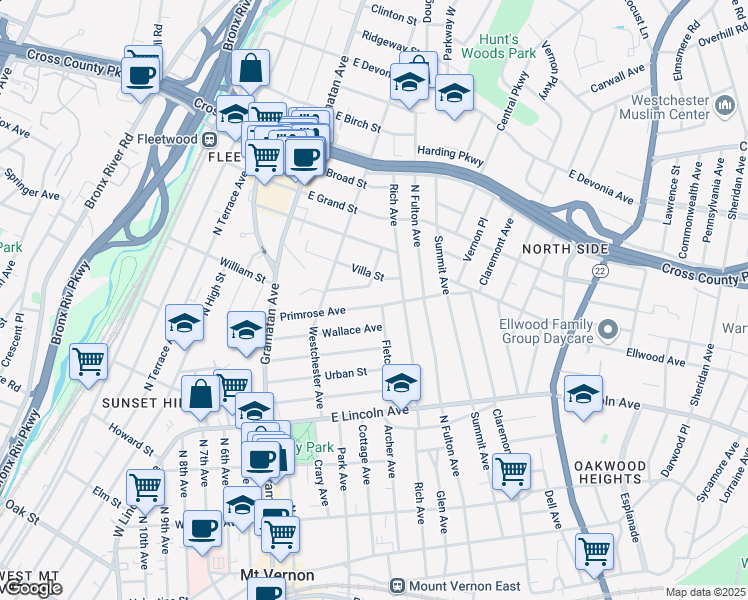 map of restaurants, bars, coffee shops, grocery stores, and more near 151 Primrose Avenue in Mount Vernon