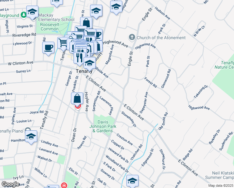 map of restaurants, bars, coffee shops, grocery stores, and more near 99 East Clinton Avenue in Tenafly