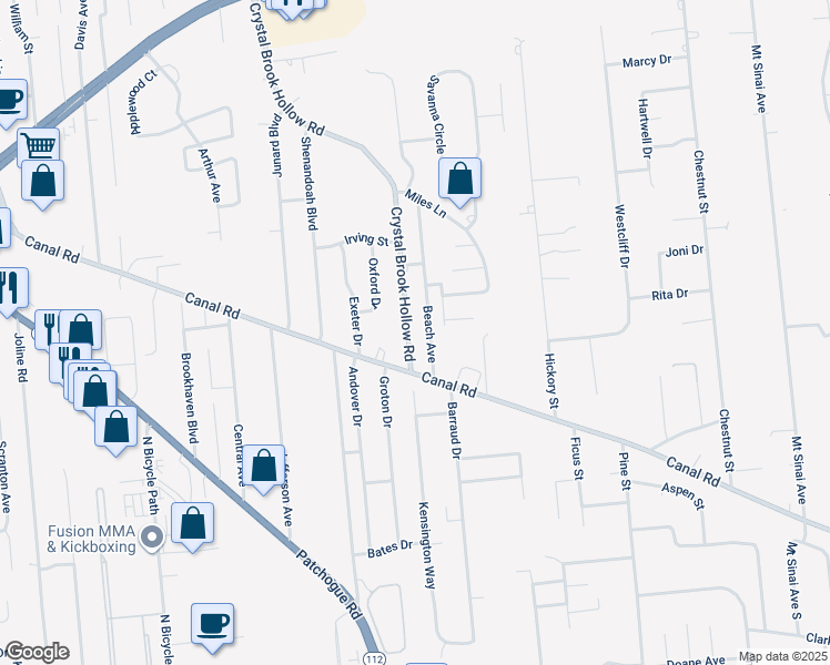 map of restaurants, bars, coffee shops, grocery stores, and more near 197 Crystal Brook Hollow Road in Port Jefferson Station