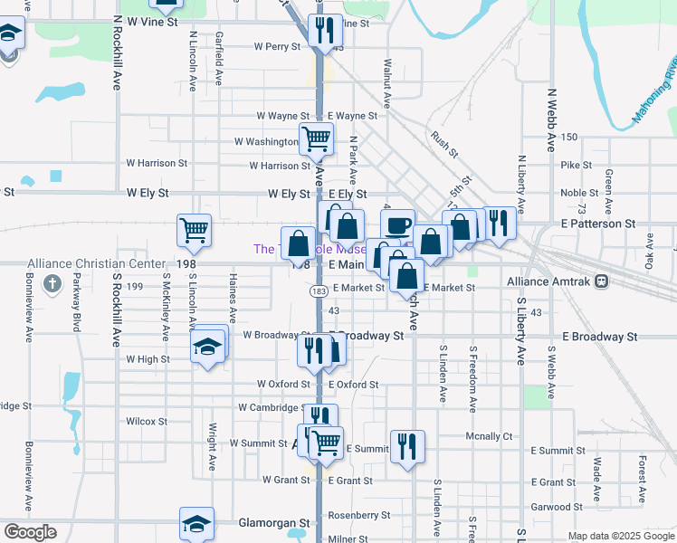 map of restaurants, bars, coffee shops, grocery stores, and more near 49 East Main Street in Alliance