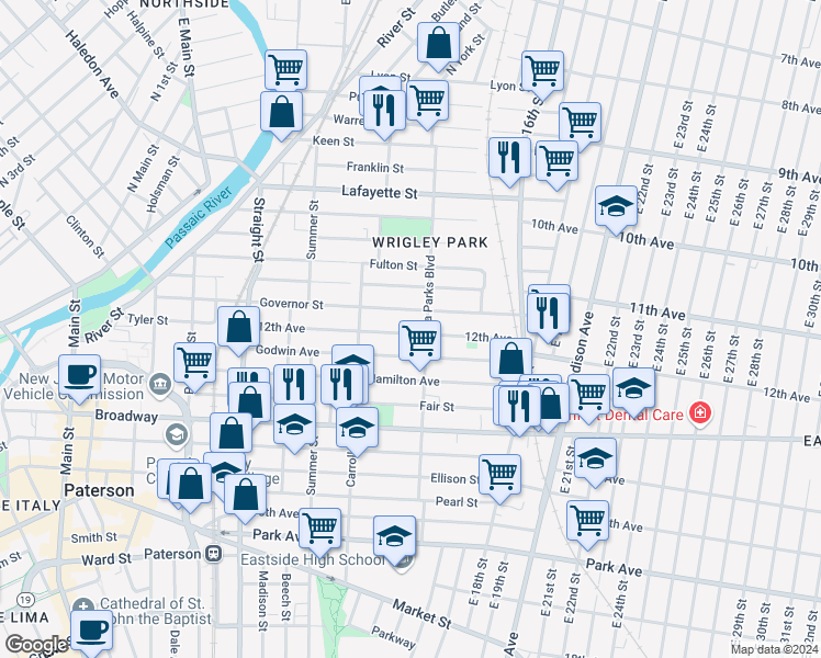 map of restaurants, bars, coffee shops, grocery stores, and more near 135 12th Avenue in Paterson