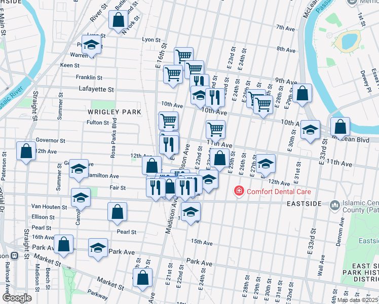 map of restaurants, bars, coffee shops, grocery stores, and more near 561 Madison Avenue in Paterson