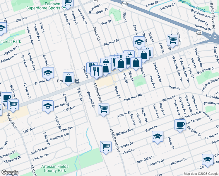 map of restaurants, bars, coffee shops, grocery stores, and more near 24-04 Ellington Road in Fair Lawn