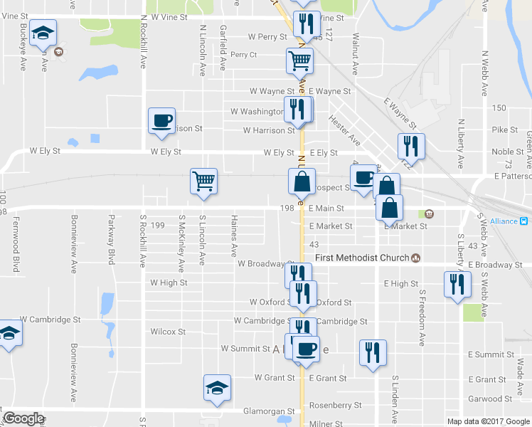 map of restaurants, bars, coffee shops, grocery stores, and more near 16 Geiger Avenue in Alliance