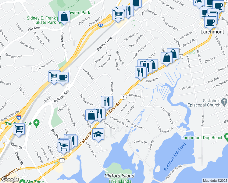 map of restaurants, bars, coffee shops, grocery stores, and more near 59 Cooper Drive in New Rochelle