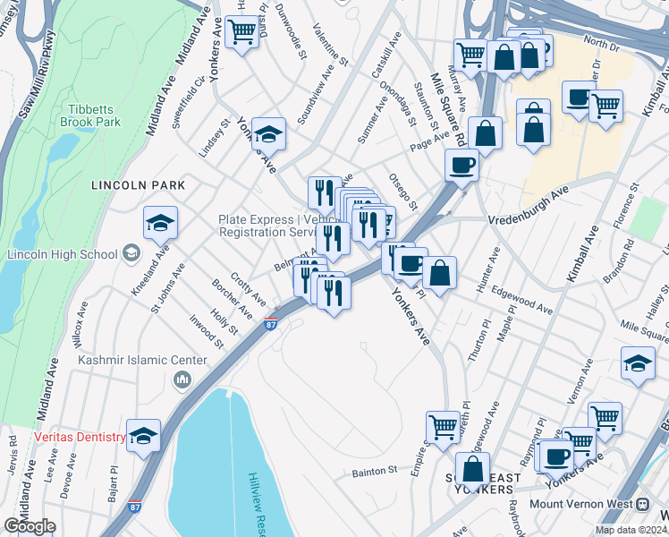 map of restaurants, bars, coffee shops, grocery stores, and more near 9 Boone Street in Yonkers