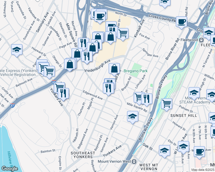 map of restaurants, bars, coffee shops, grocery stores, and more near 26 Joan Drive in Yonkers