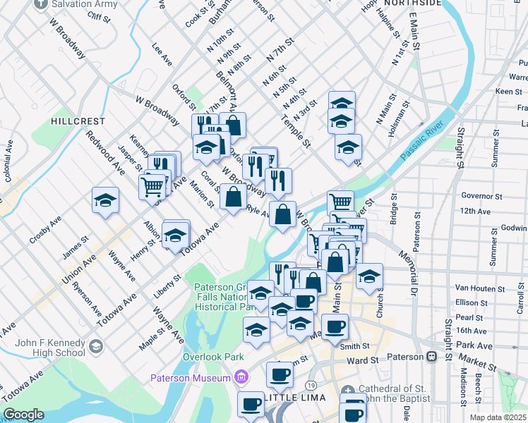 map of restaurants, bars, coffee shops, grocery stores, and more near 30 Ryle Avenue in Paterson