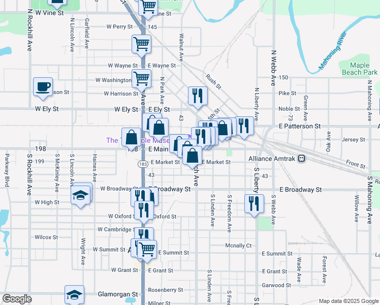 map of restaurants, bars, coffee shops, grocery stores, and more near 243 East Main Street in Alliance