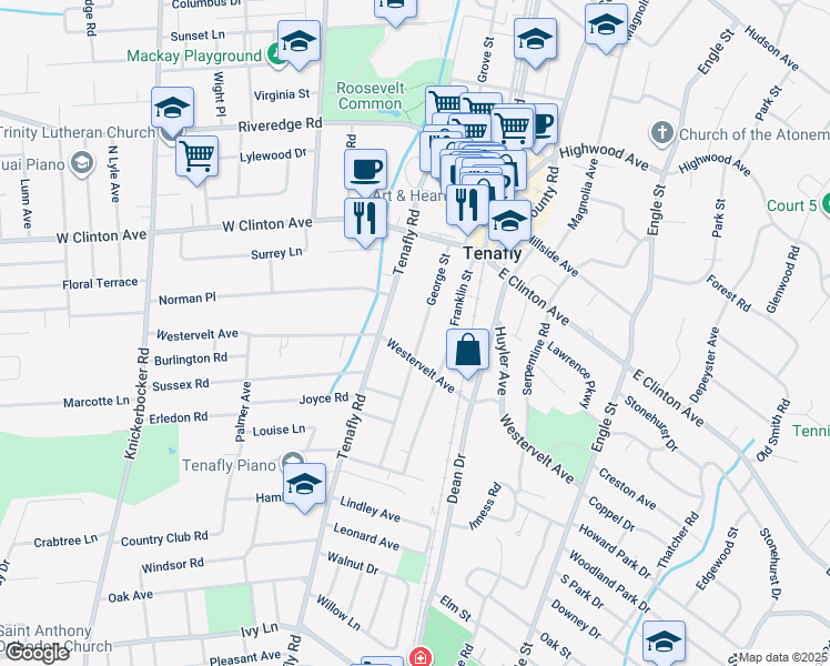 map of restaurants, bars, coffee shops, grocery stores, and more near 39 George Street in Tenafly