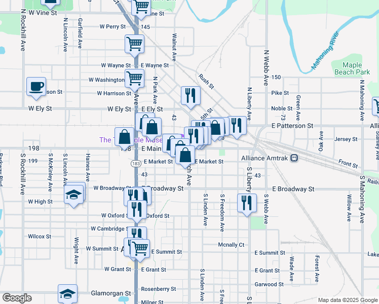 map of restaurants, bars, coffee shops, grocery stores, and more near 25 South Arch Avenue in Alliance