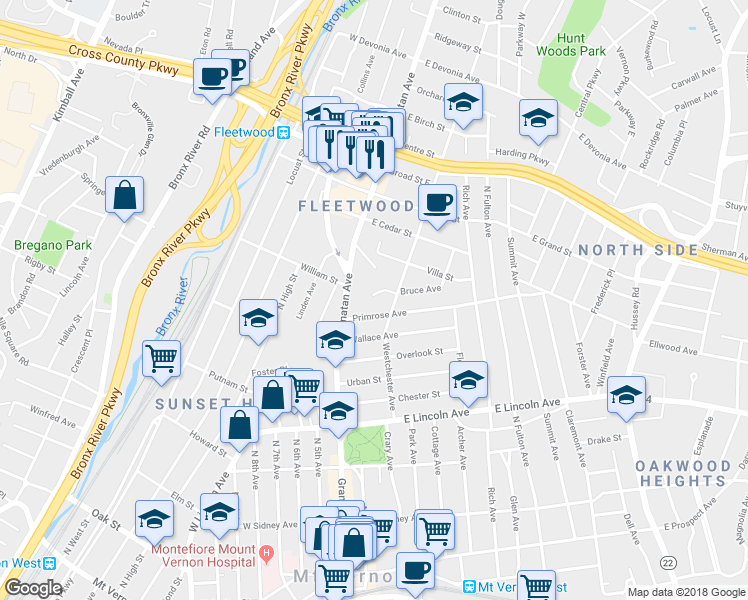 map of restaurants, bars, coffee shops, grocery stores, and more near 26 Kenyon Place in Mount Vernon