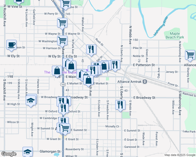 map of restaurants, bars, coffee shops, grocery stores, and more near 333 East Main Street in Alliance