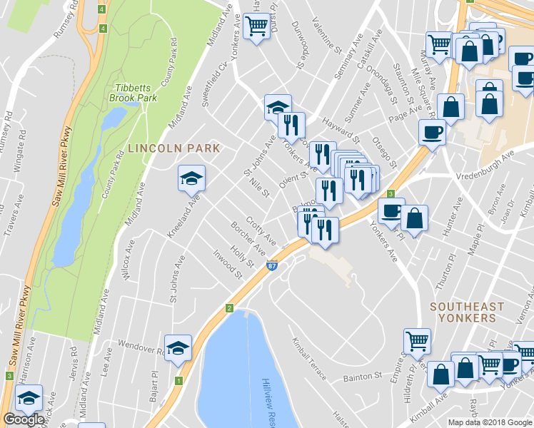 map of restaurants, bars, coffee shops, grocery stores, and more near Orient Street in Yonkers