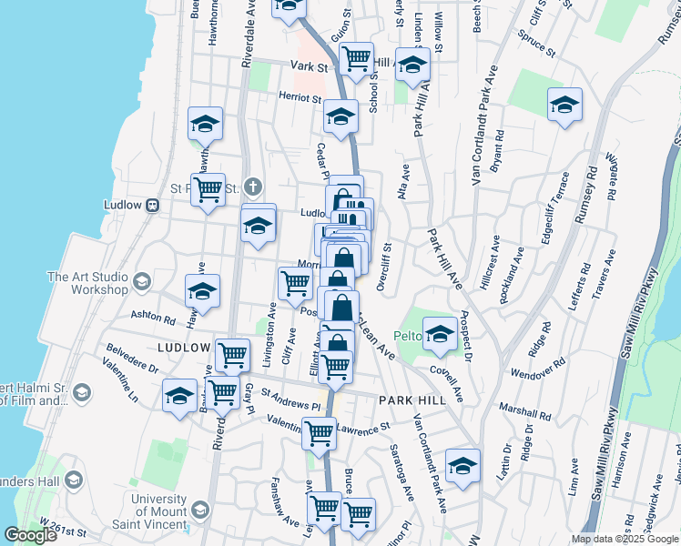 map of restaurants, bars, coffee shops, grocery stores, and more near 347b South Broadway in Yonkers