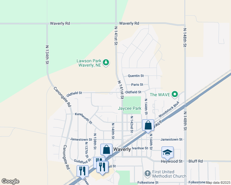 map of restaurants, bars, coffee shops, grocery stores, and more near Oldfield Street in Waverly