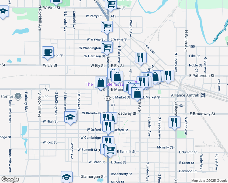 map of restaurants, bars, coffee shops, grocery stores, and more near 45 East Main Street in Alliance