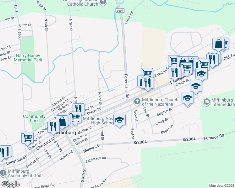 map of restaurants, bars, coffee shops, grocery stores, and more near 84 Walnut Street in Mifflinburg
