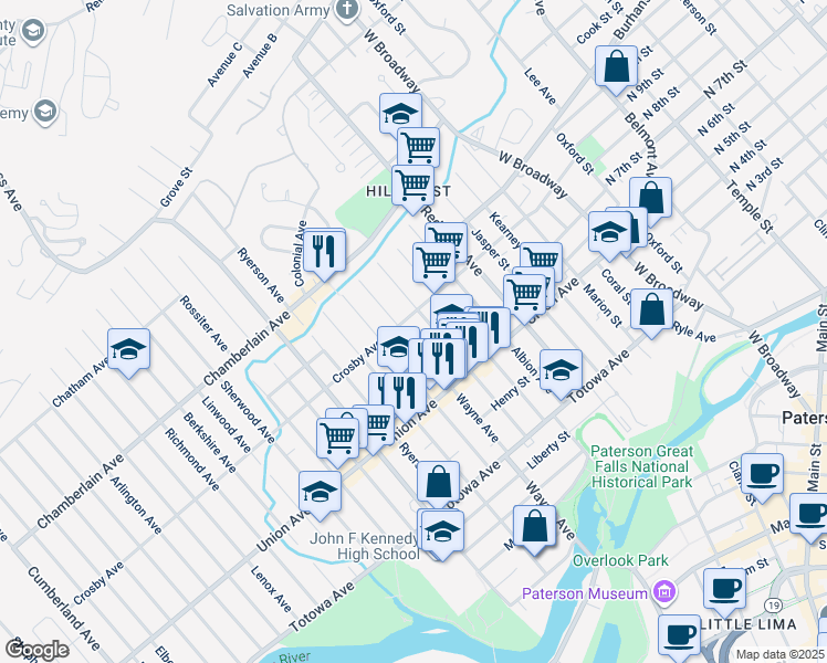map of restaurants, bars, coffee shops, grocery stores, and more near 224 1/2 226 Wayne Avenue in Paterson