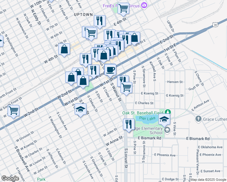 map of restaurants, bars, coffee shops, grocery stores, and more near 405 West Division Street in Grand Island